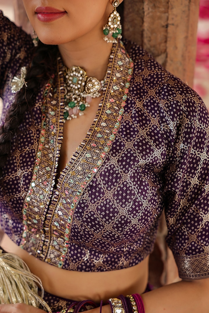 Purple Banarasi Silk Jacquard Bandhani Printed & Sequins Embellished Gathered Lehenga Set by Scakhi Luxe at Pernia's Pop Up Shop