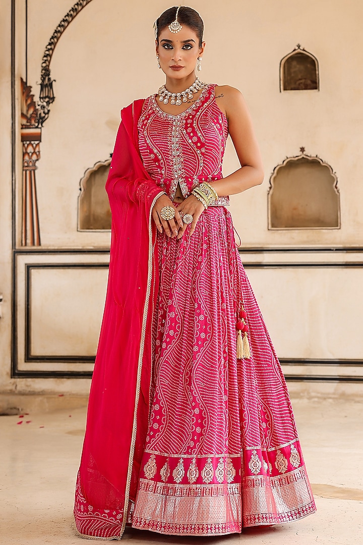 Pink Banarasi Silk Jacquard Bandhani Printed & Sequins Embellished Gathered Lehenga Set by Scakhi