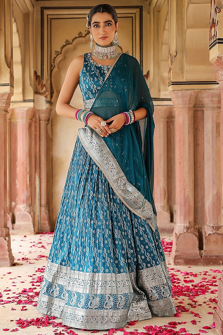 Teal Banarasi Silk Jacquard Bandhani Sequins Embellished Lehenga Set ...