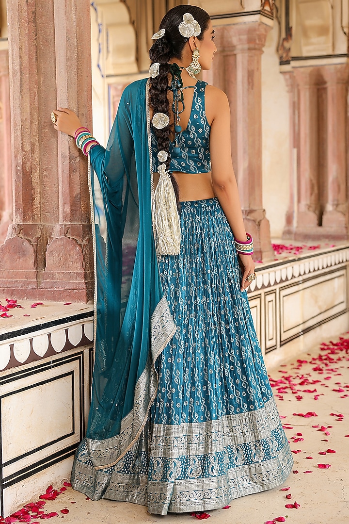 Teal Banarasi Silk Jacquard Bandhani Sequins Embellished Lehenga Set by Scakhi Luxe at Pernia's Pop Up Shop