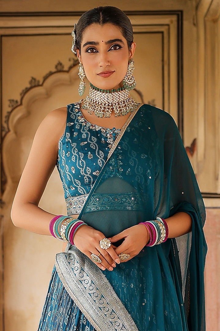 Teal Banarasi Silk Jacquard Bandhani Sequins Embellished Lehenga Set by Scakhi Luxe at Pernia's Pop Up Shop