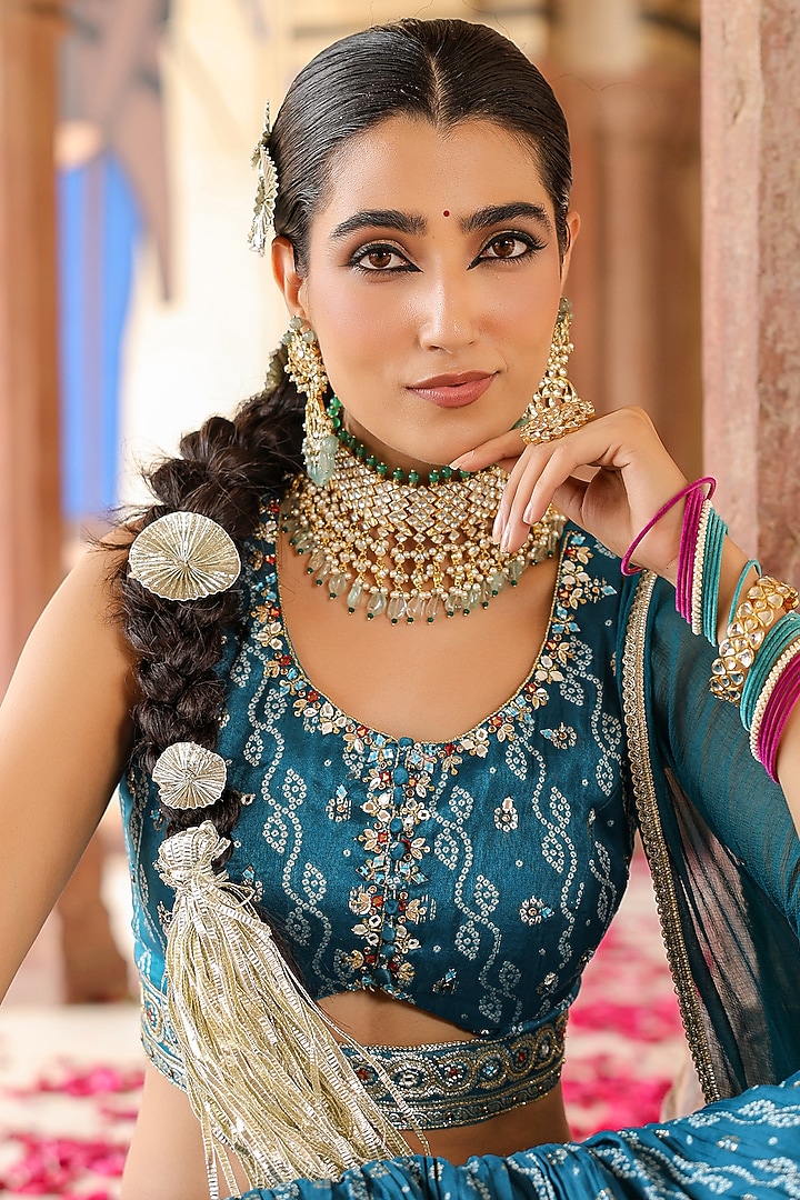 Teal Banarasi Silk Jacquard Bandhani Sequins Embellished Lehenga Set by Scakhi Luxe at Pernia's Pop Up Shop
