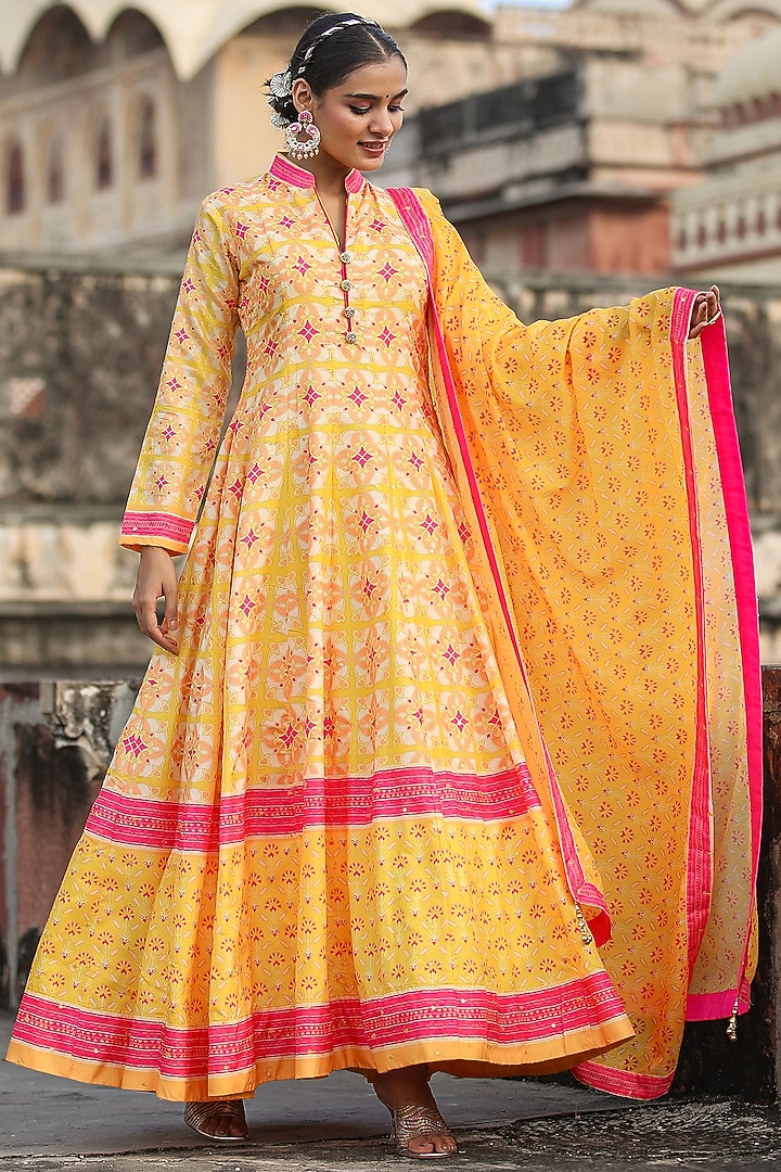 Mustard Dola Silk Printed Anarkali Set by Scakhi Luxe at Pernia's Pop Up Shop