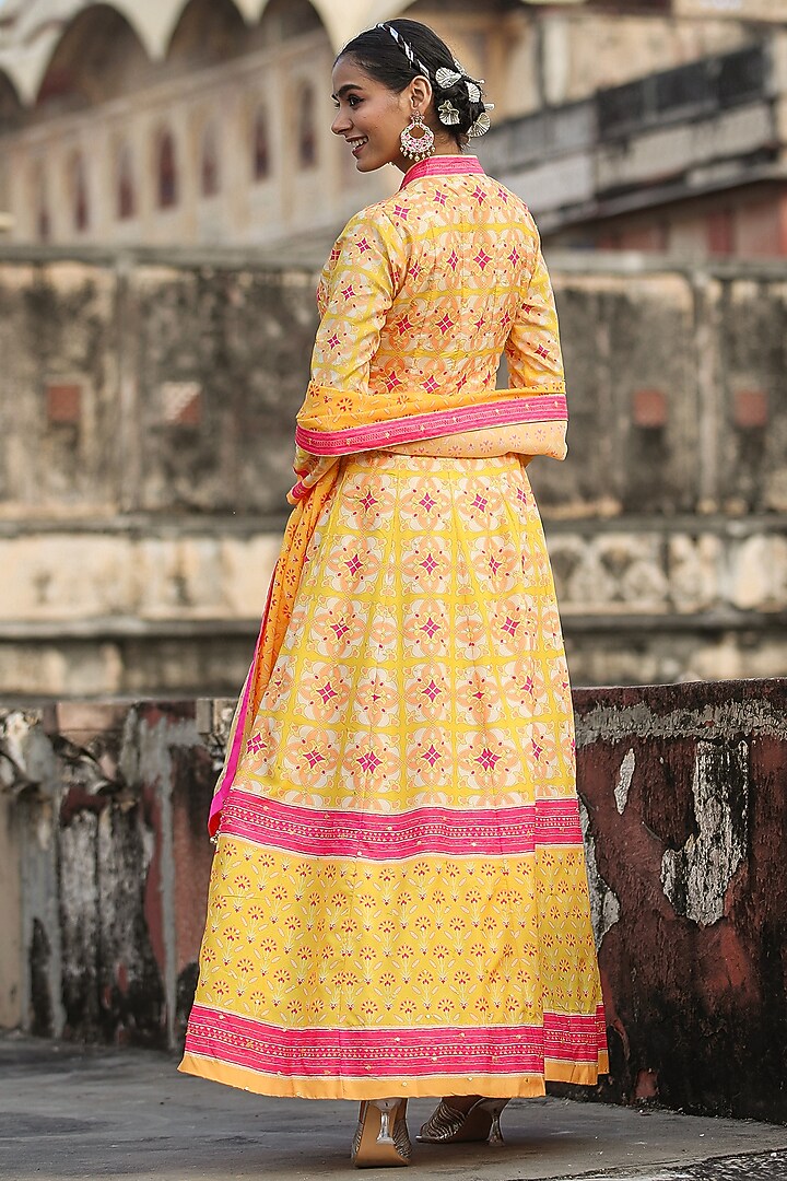 Mustard Dola Silk Printed Anarkali Set by Scakhi Luxe at Pernia's Pop Up Shop