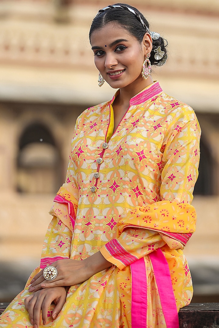 Mustard Dola Silk Printed Anarkali Set by Scakhi Luxe at Pernia's Pop Up Shop