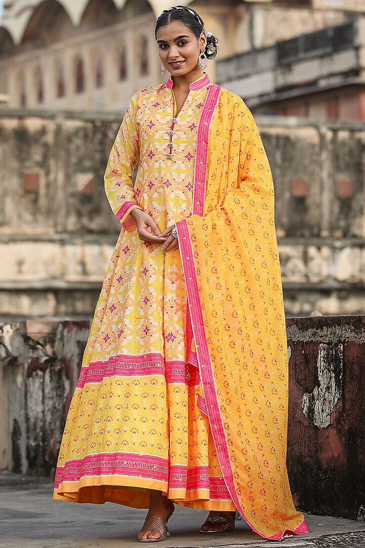 Mustard Dola Silk Printed Anarkali Set by Scakhi Luxe at Pernia's Pop Up Shop