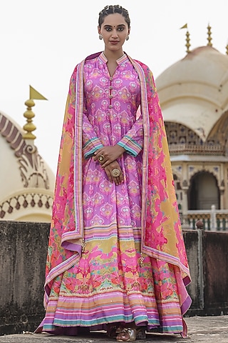 Lavender Dola Silk Sequins Embellished & Printed Anarkali Set by Scakhi Luxe