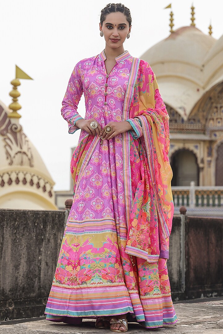 Lavender Dola Silk Sequins Embellished & Printed Party Wear Anarkali Set by Scakhi Luxe at Pernia's Pop Up Shop