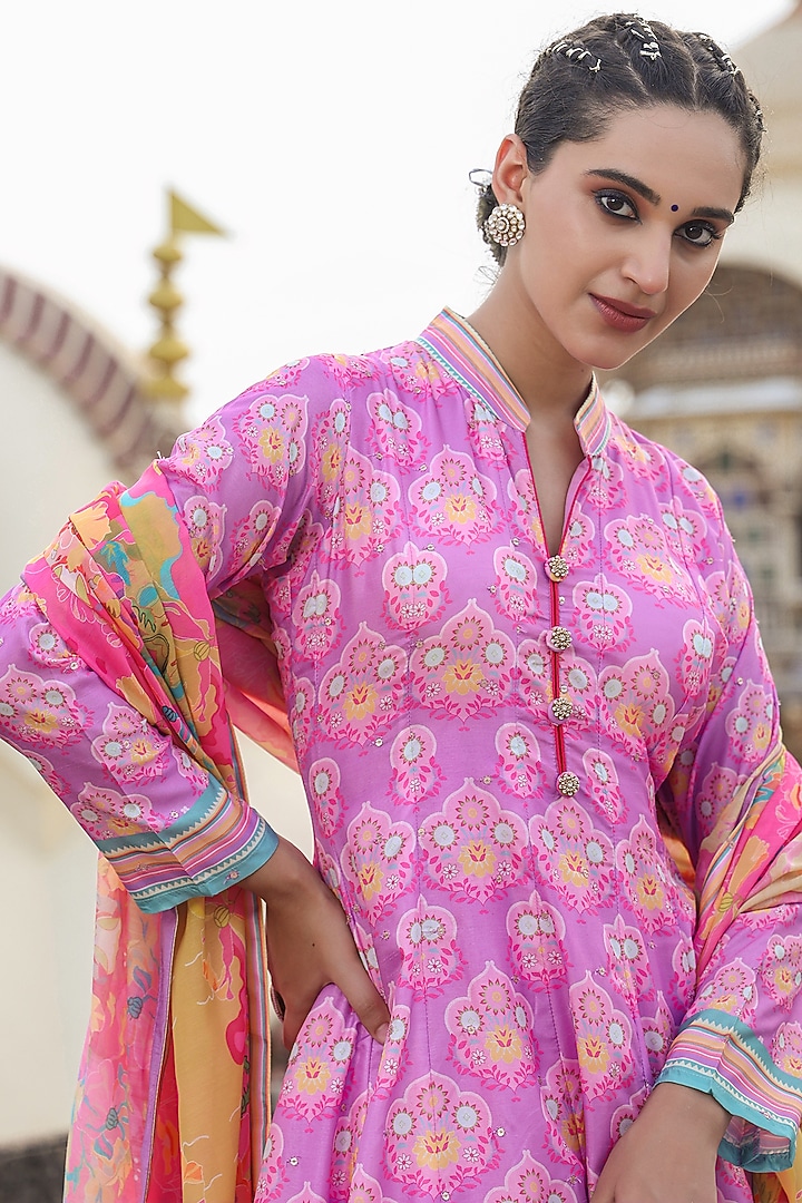 Lavender Dola Silk Sequins Embellished & Printed Party Wear Anarkali Set by Scakhi Luxe at Pernia's Pop Up Shop