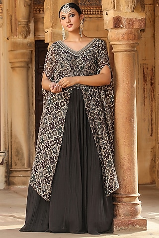Grey Georgette Pleated Gown With Attached Cape by Scakhi Luxe