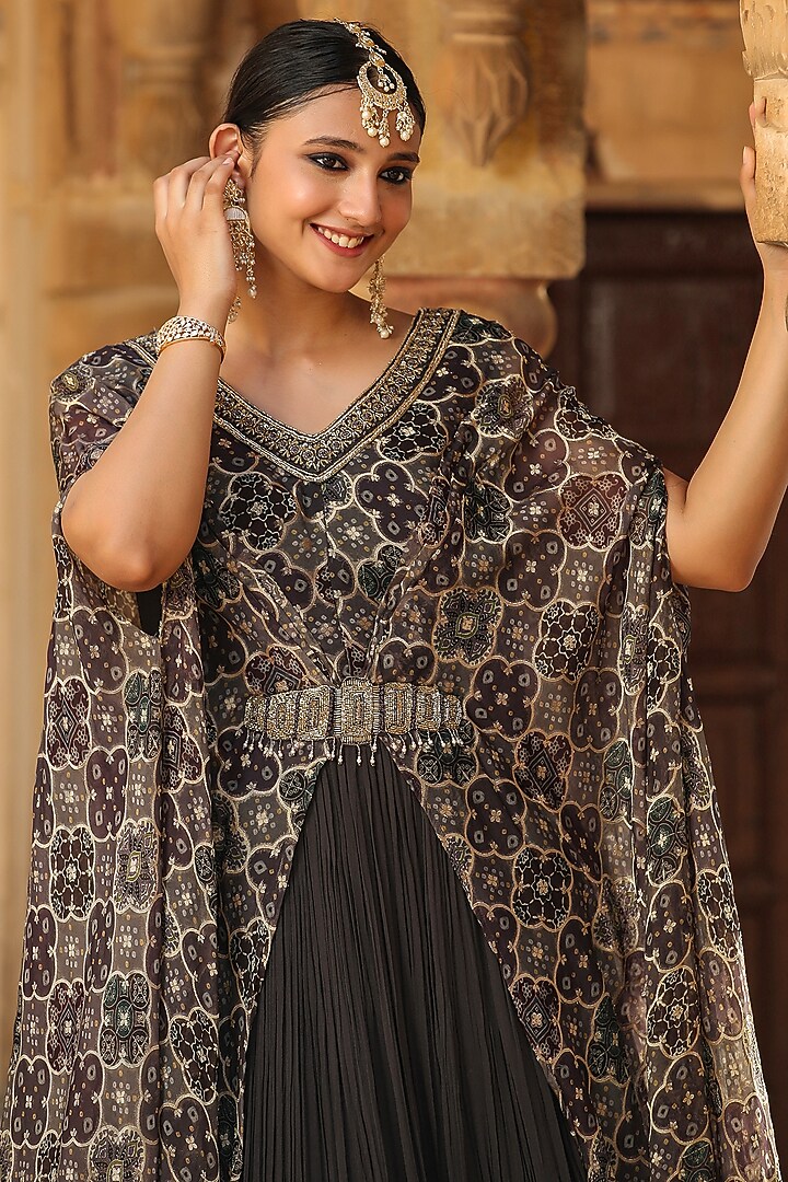 Grey Georgette Pleated Party Wear Gown With Attached Cape by Scakhi Luxe at Pernia's Pop Up Shop