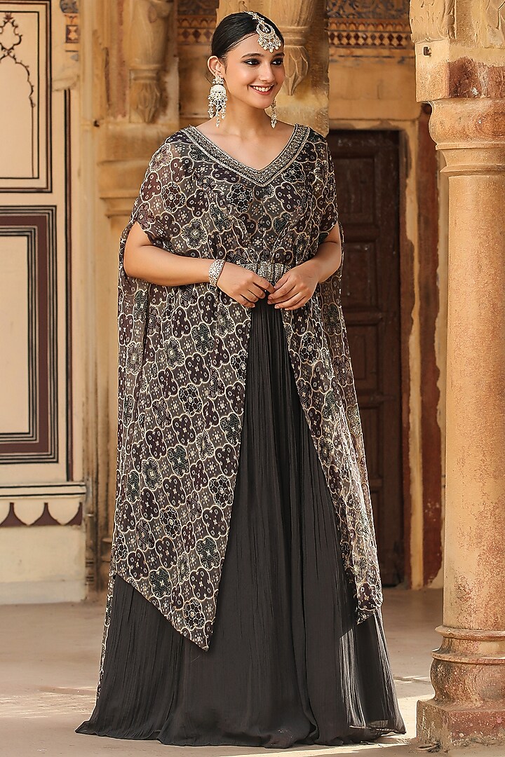 Grey Georgette Pleated Party Wear Gown With Attached Cape by Scakhi Luxe at Pernia's Pop Up Shop