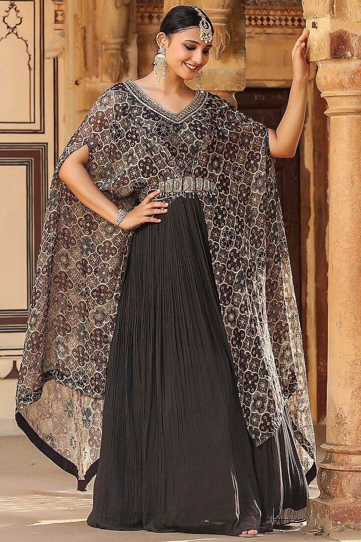 Grey Georgette Pleated Party Wear Gown With Attached Cape by Scakhi Luxe at Pernia's Pop Up Shop