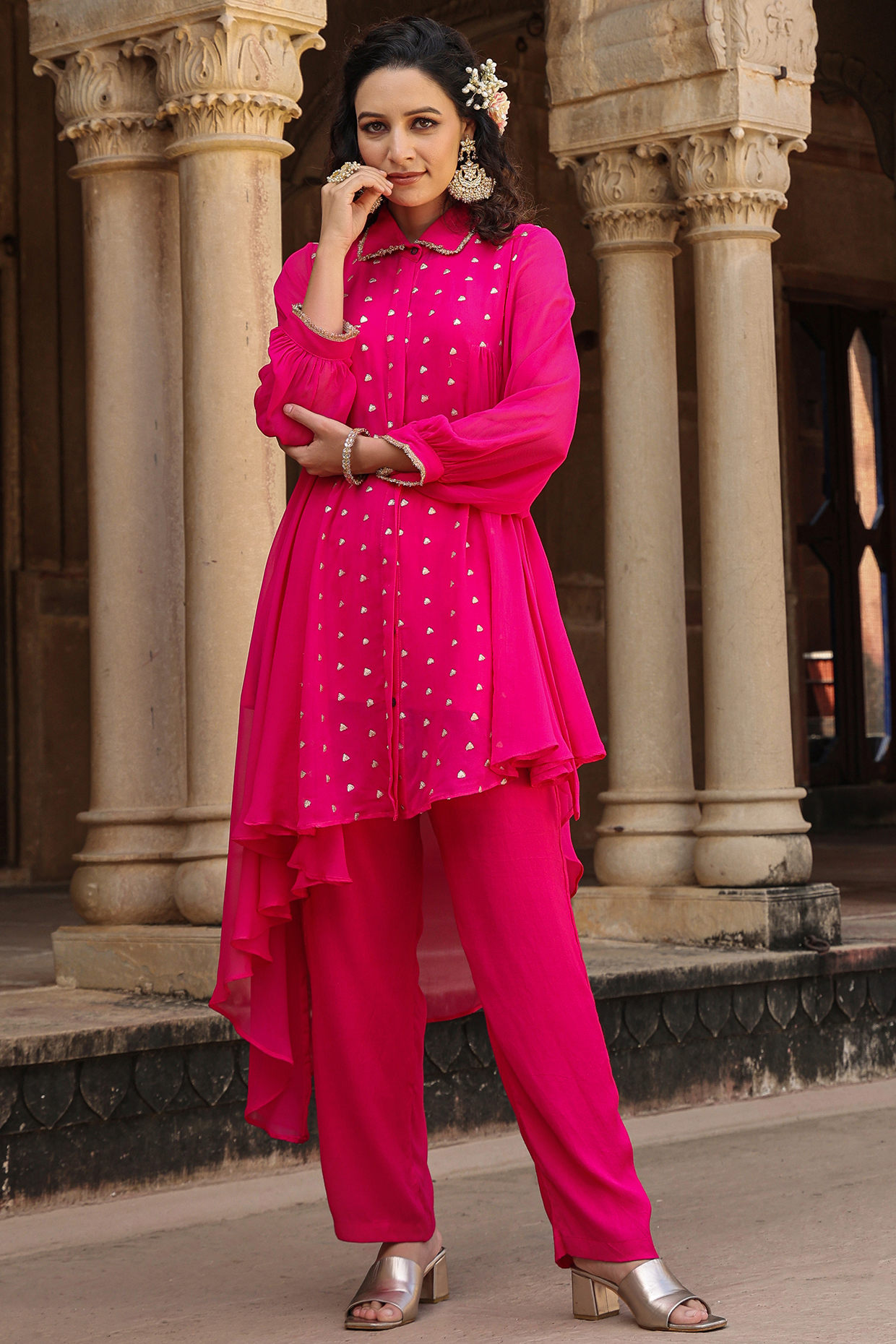 Pink Georgette Zari Embellished Asymmetric Tunic Set by Scakhi Luxe at Pernia's Pop Up Shop