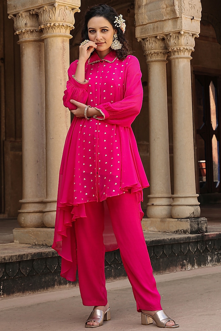 Pink Georgette Zari Embellished Asymmetric Tunic Set by Scakhi Luxe at Pernia's Pop Up Shop