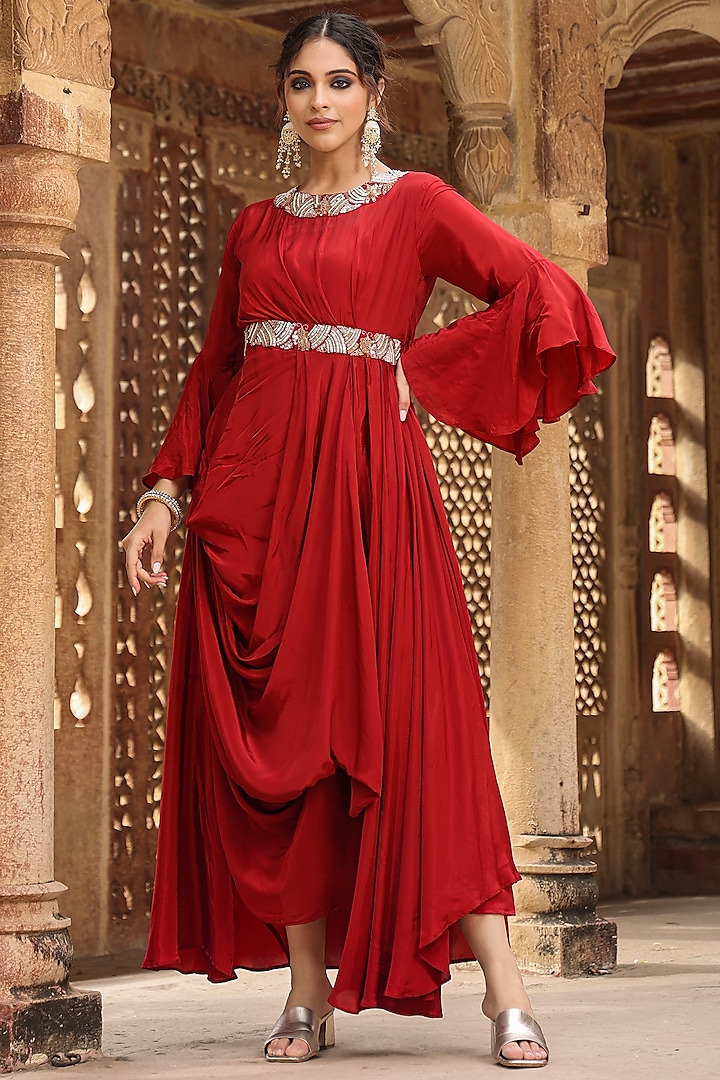 Maroon Crepe Sequins & Dabka Embellished Draped Gown by Scakhi