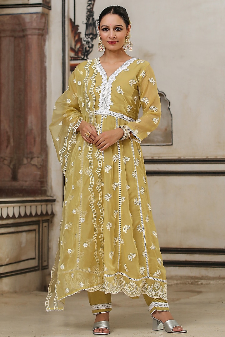 Yellow Organza Chikankari Embroidered Anarkali Set by Scakhi at Pernia's Pop Up Shop