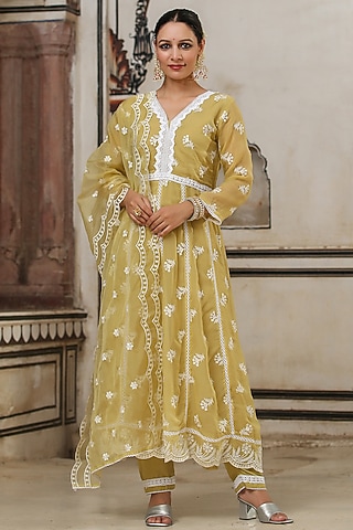 Yellow Organza Chikankari Embroidered Anarkali Set by Scakhi Luxe