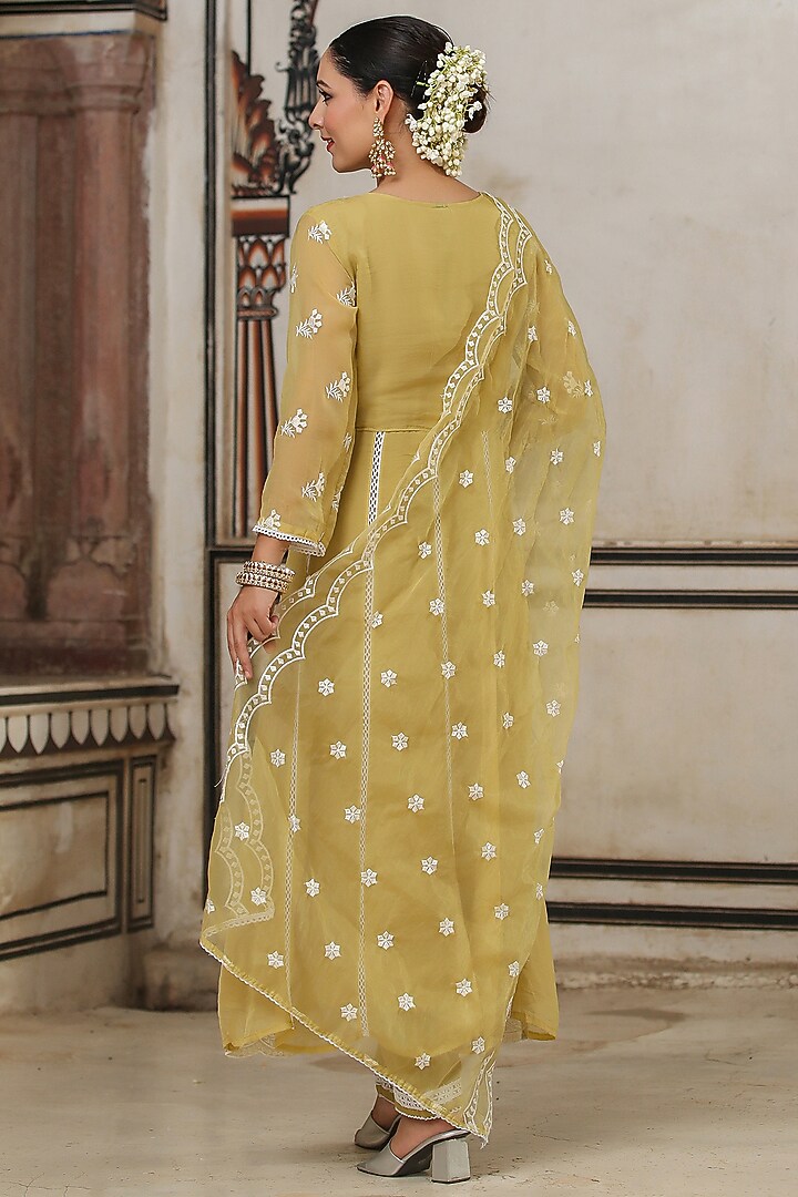 Yellow Organza Chikankari Embroidered Anarkali Set by Scakhi Luxe at Pernia's Pop Up Shop