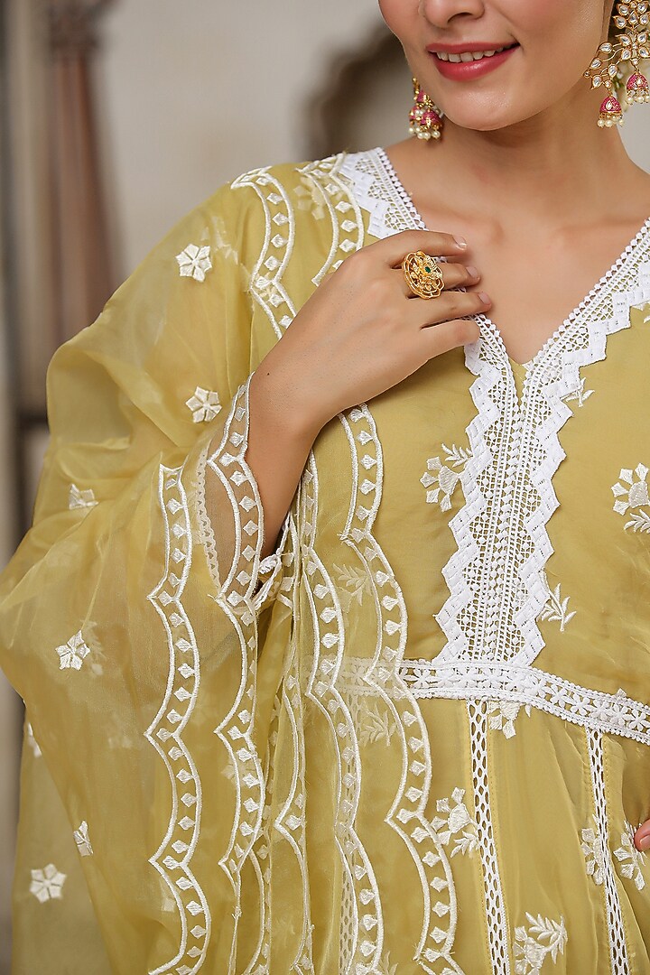 Yellow Organza Chikankari Embroidered Anarkali Set by Scakhi Luxe at Pernia's Pop Up Shop