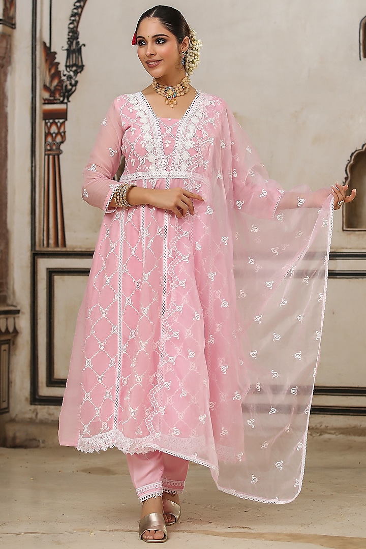 Pink Organza Chikankari Embroidered Anarkali Set by Scakhi at Pernia's Pop Up Shop