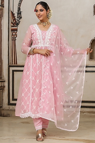 Pink Organza Chikankari Embroidered Anarkali Set by Scakhi Luxe