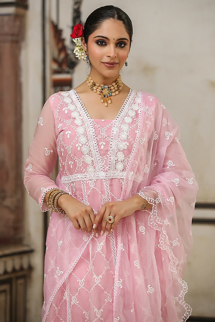 Pink Organza Chikankari Embroidered Anarkali Set by Scakhi Luxe at Pernia's Pop Up Shop
