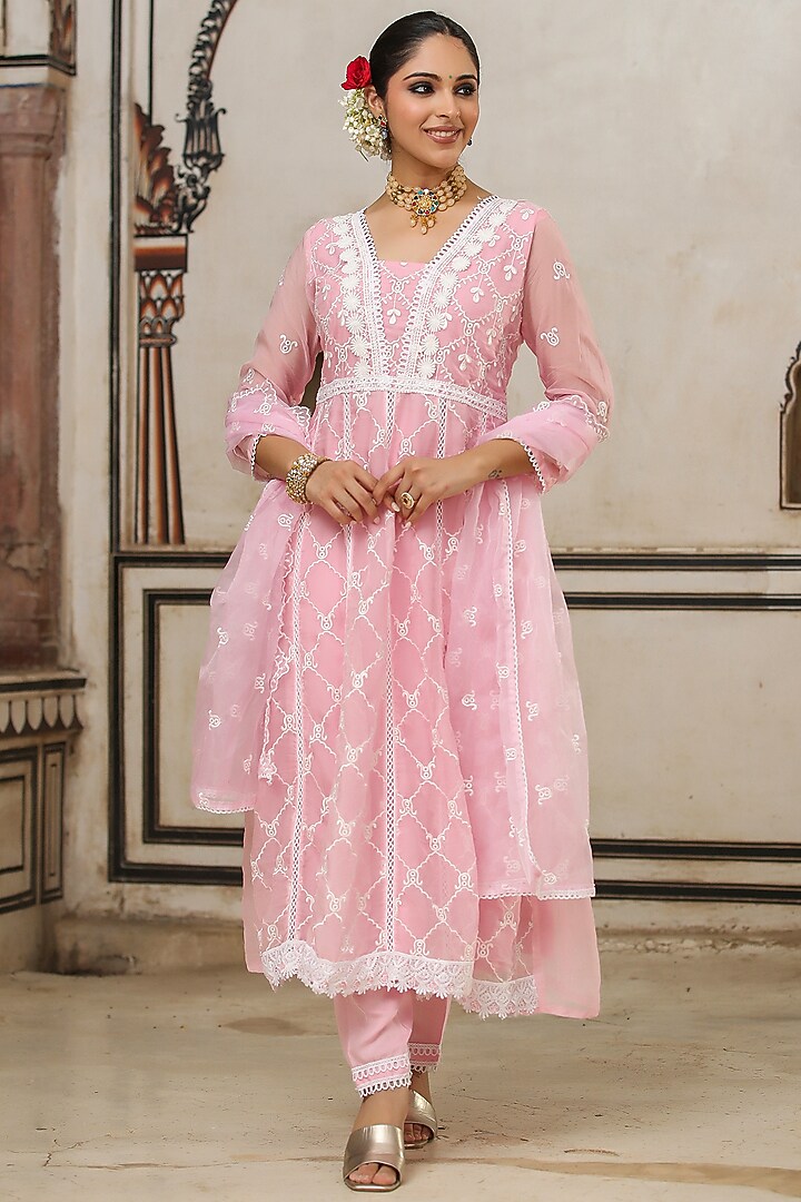 Pink Organza Chikankari Embroidered Anarkali Set by Scakhi Luxe at Pernia's Pop Up Shop