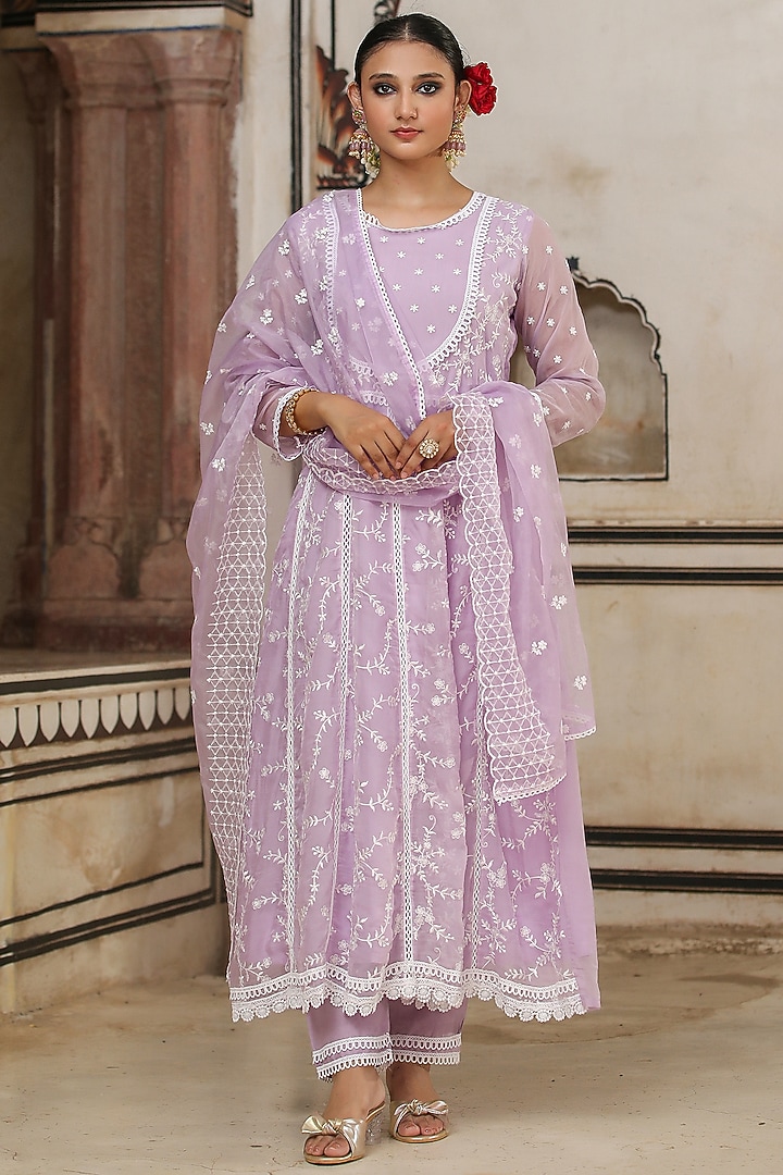 Lavender Organza Chikankari Embroidered Anarkali Set by Scakhi at ...