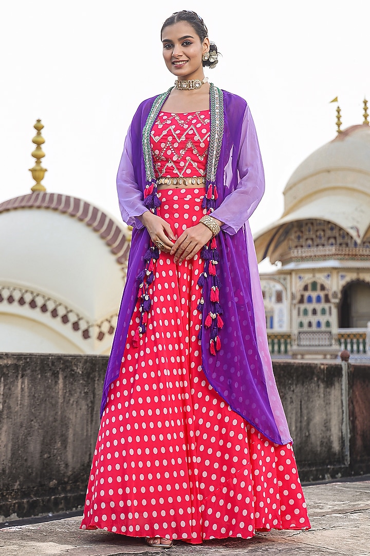 Pink Bemberg Muslin Polka Dot Printed Jacket Lehenga Set by Scakhi Luxe at Pernia's Pop Up Shop