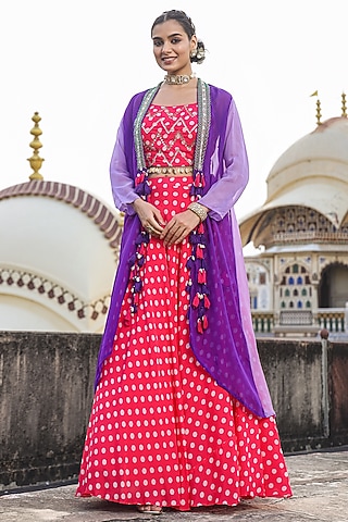 Pink Bemberg Muslin Polka Dot Printed Jacket Lehenga Set by Scakhi Luxe