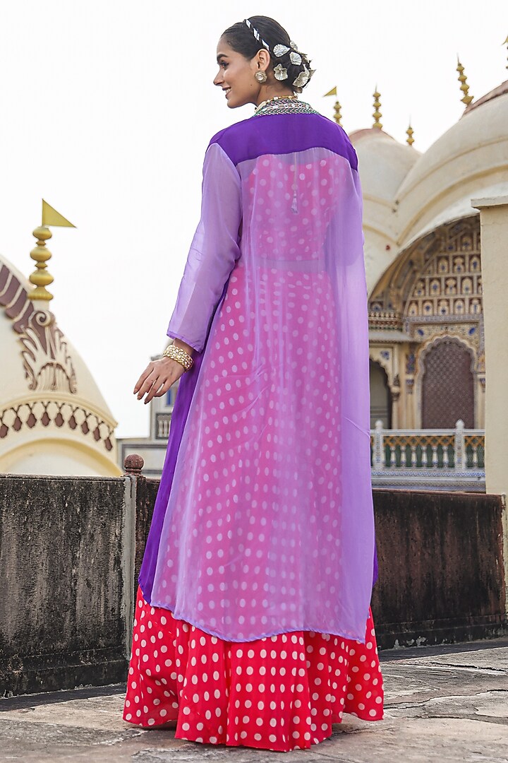 Pink Bemberg Muslin Polka Dot Printed Jacket Lehenga Set by Scakhi Luxe at Pernia's Pop Up Shop