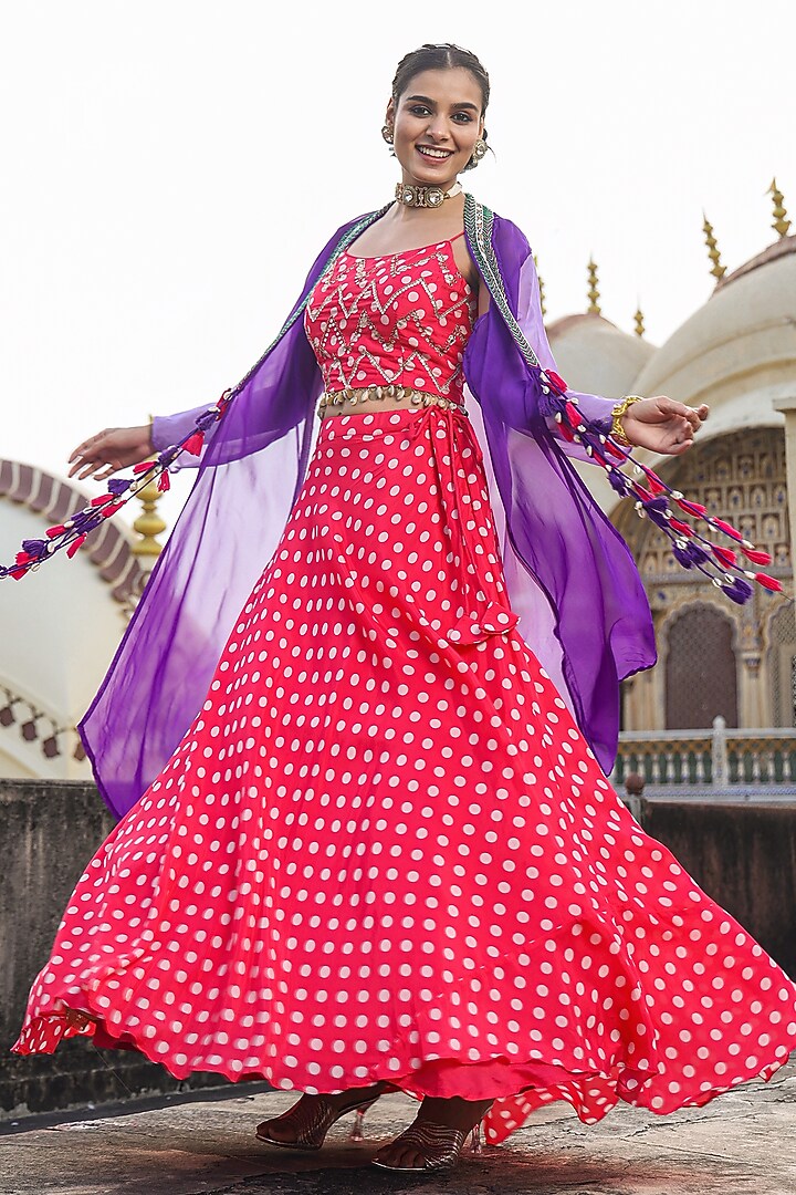 Pink Bemberg Muslin Polka Dot Printed Jacket Lehenga Set by Scakhi Luxe at Pernia's Pop Up Shop