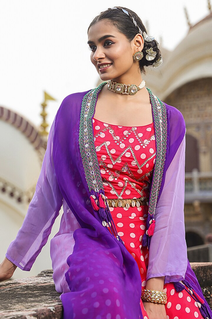 Pink Bemberg Muslin Polka Dot Printed Jacket Lehenga Set by Scakhi Luxe at Pernia's Pop Up Shop