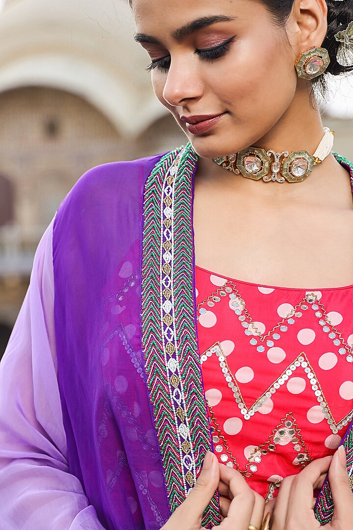 Pink Bemberg Muslin Polka Dot Printed Jacket Lehenga Set by Scakhi Luxe at Pernia's Pop Up Shop