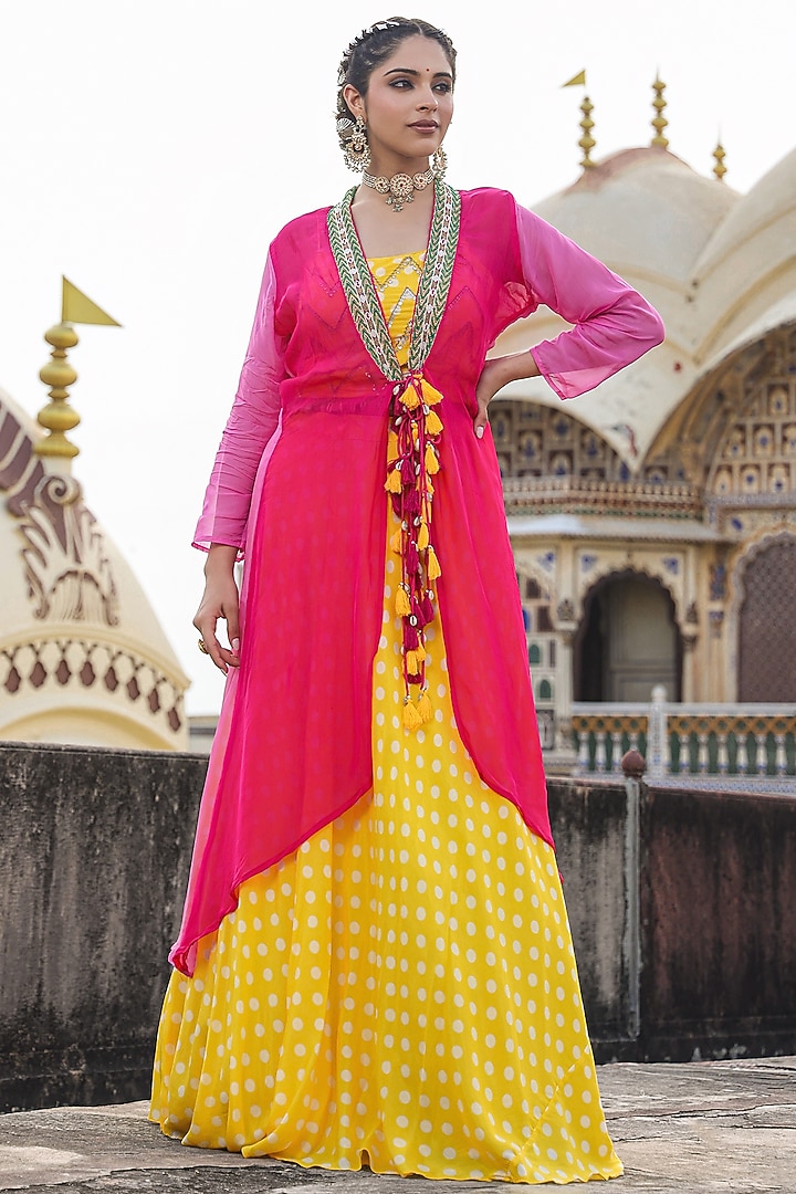 Yellow Bemberg Muslin Polka Dot Printed Lehenga Set by Scakhi Luxe at Pernia's Pop Up Shop