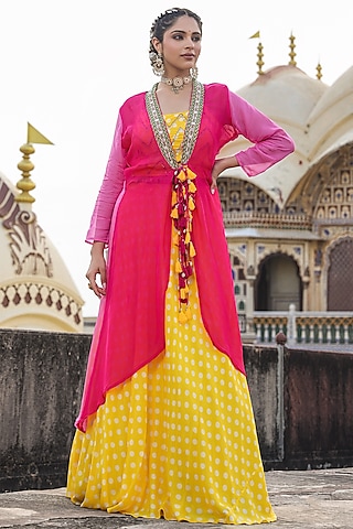Yellow Bemberg Muslin Polka Dot Printed Lehenga Set by Scakhi Luxe