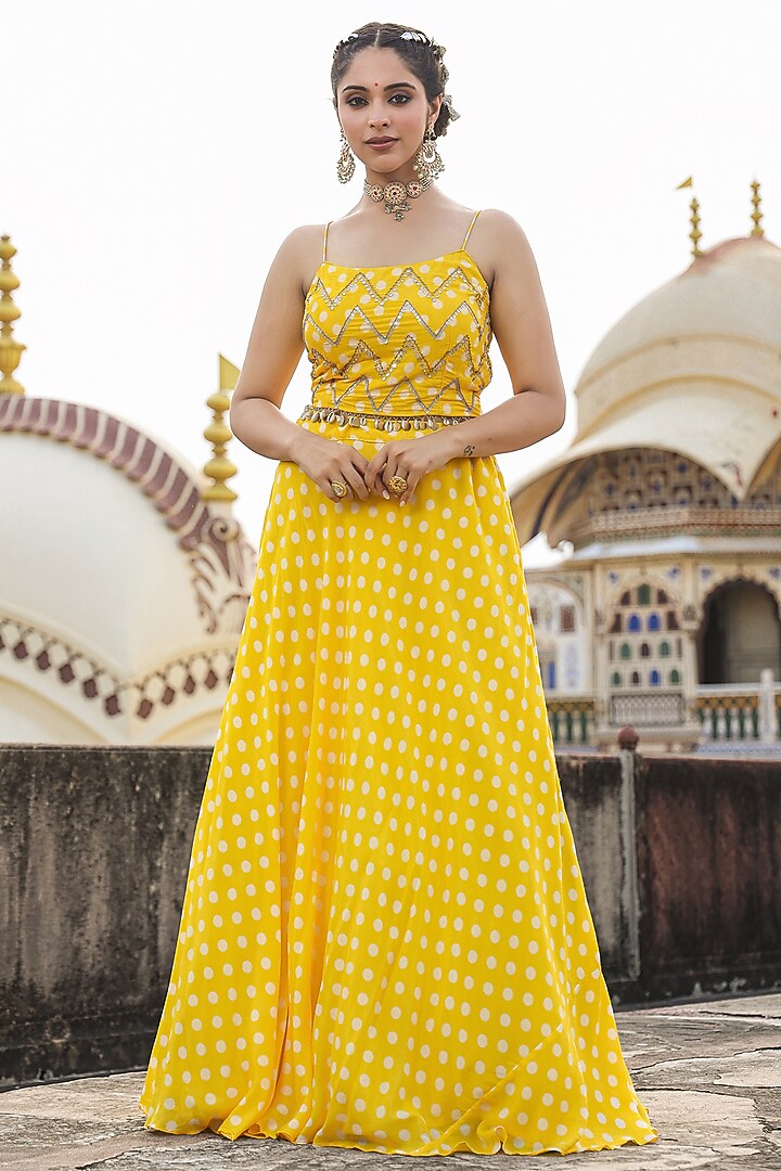 Yellow Bemberg Muslin Polka Dot Printed Lehenga Set by Scakhi Luxe at Pernia's Pop Up Shop