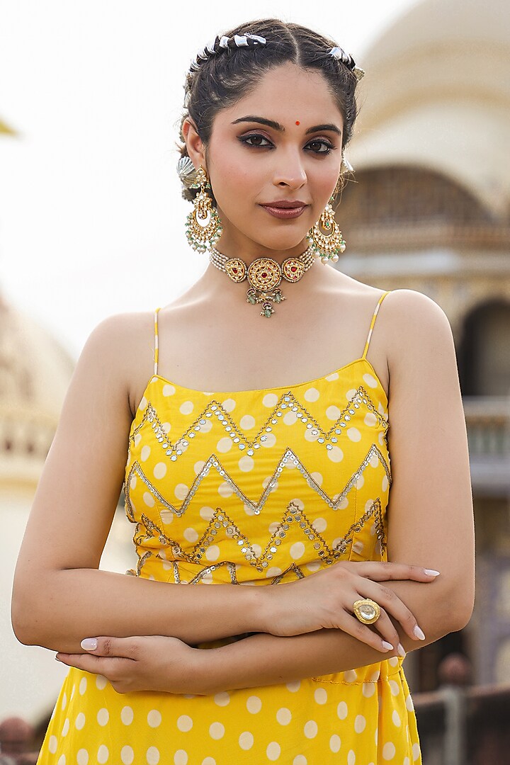 Yellow Bemberg Muslin Polka Dot Printed Lehenga Set by Scakhi Luxe at Pernia's Pop Up Shop