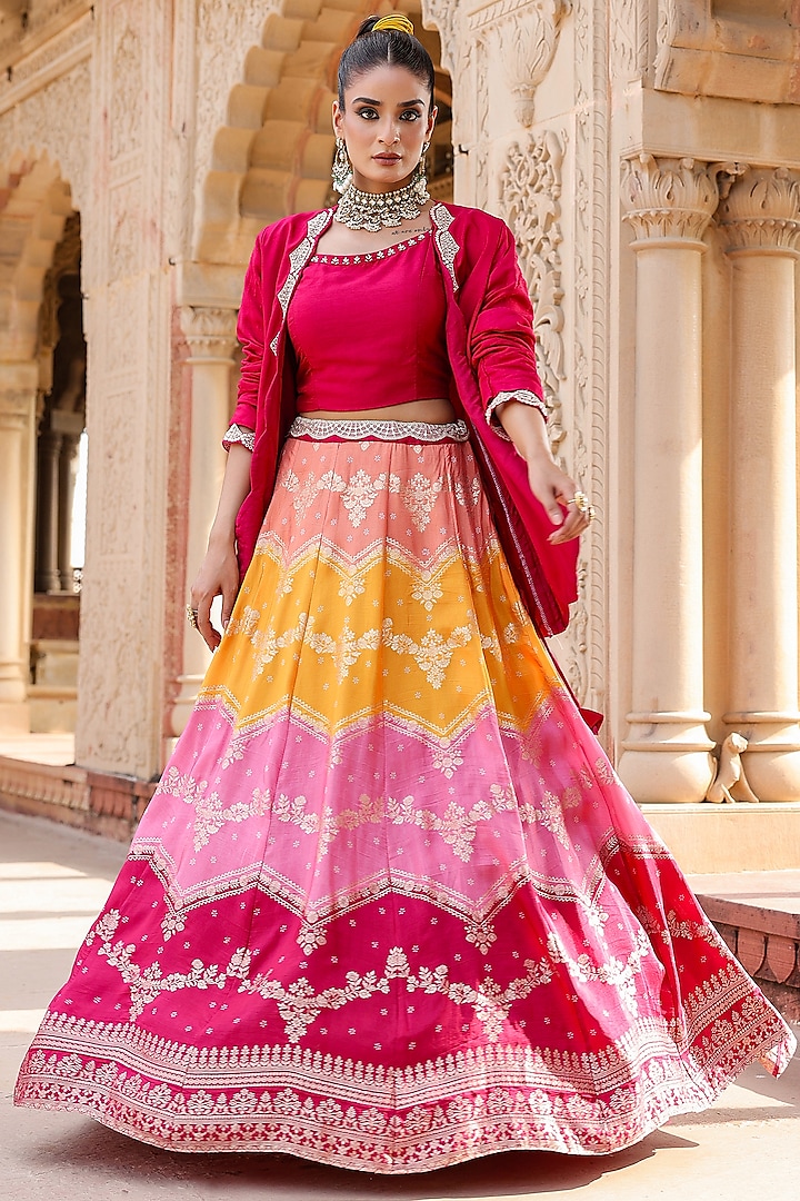 Multi-Colored Banarasi Jacquard Silk Sequins Embellished Wedding Lehenga Set by Scakhi at Pernia's Pop Up Shop