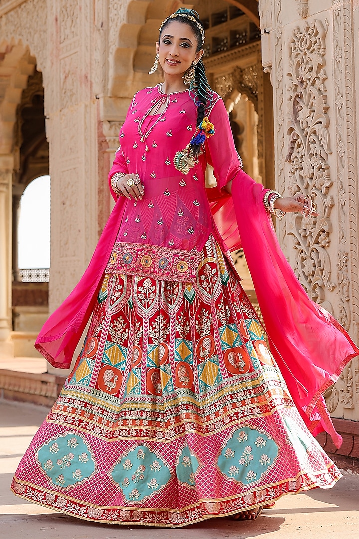 Multi-Colored Banarasi Jacquard Silk Wedding Lehenga Set by Scakhi at Pernia's Pop Up Shop