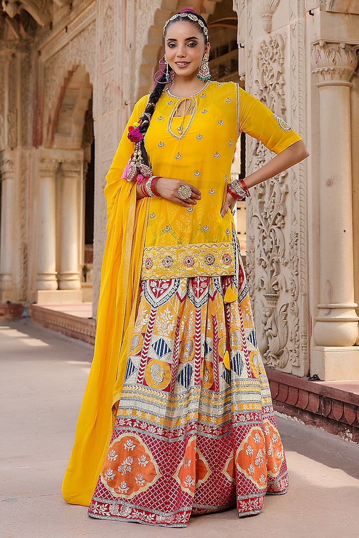 Multi-Colored Banarasi Jacquard Silk Wedding Lehenga Set by Scakhi at Pernia's Pop Up Shop