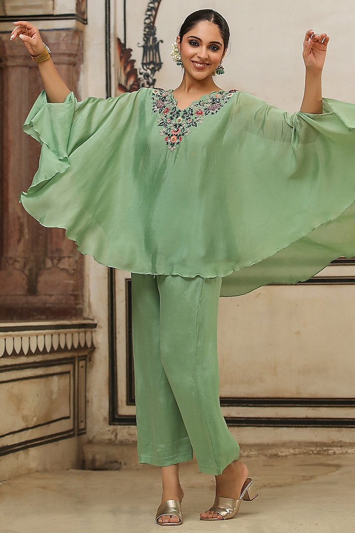 Sea Green Chinon Silk Dabka Hand Embellished Co-Ord Set by Scakhi