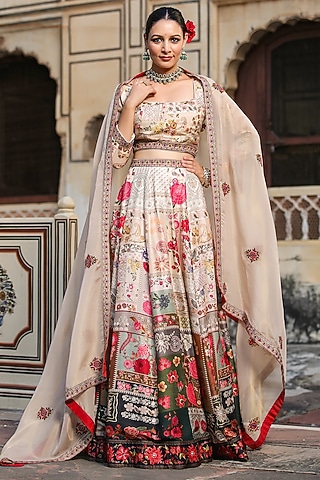 Beige Raw Silk Floral Printed & Hand Embellished Kalidar Lehenga Set by Scakhi Luxe