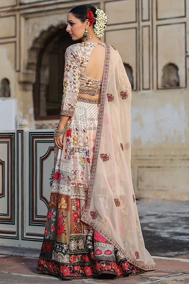 Beige Raw Silk Floral Printed & Hand Embellished Kalidar Lehenga Set by Scakhi Luxe at Pernia's Pop Up Shop
