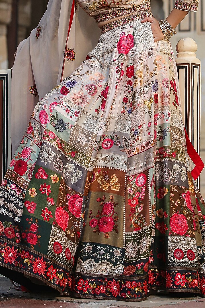 Beige Raw Silk Floral Printed & Hand Embellished Kalidar Lehenga Set by Scakhi Luxe at Pernia's Pop Up Shop