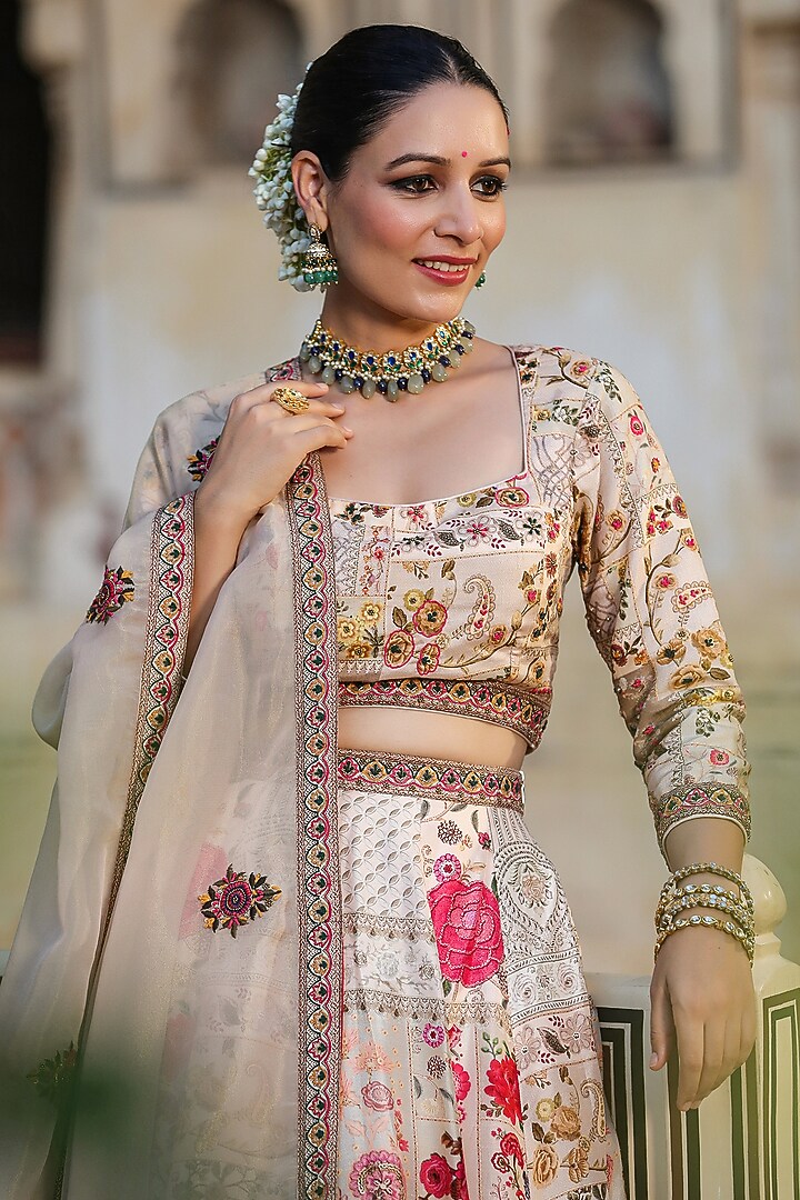 Beige Raw Silk Floral Printed & Hand Embellished Kalidar Lehenga Set by Scakhi Luxe at Pernia's Pop Up Shop