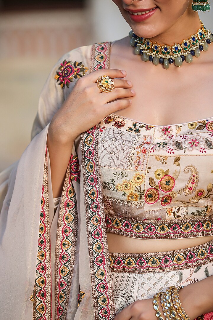 Beige Raw Silk Floral Printed & Hand Embellished Kalidar Lehenga Set by Scakhi Luxe at Pernia's Pop Up Shop