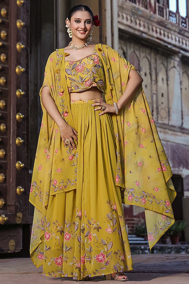 Mustard Georgette Floral Printed & Embellished Jacket Lehenga Set by Scakhi at Pernia's Pop Up Shop