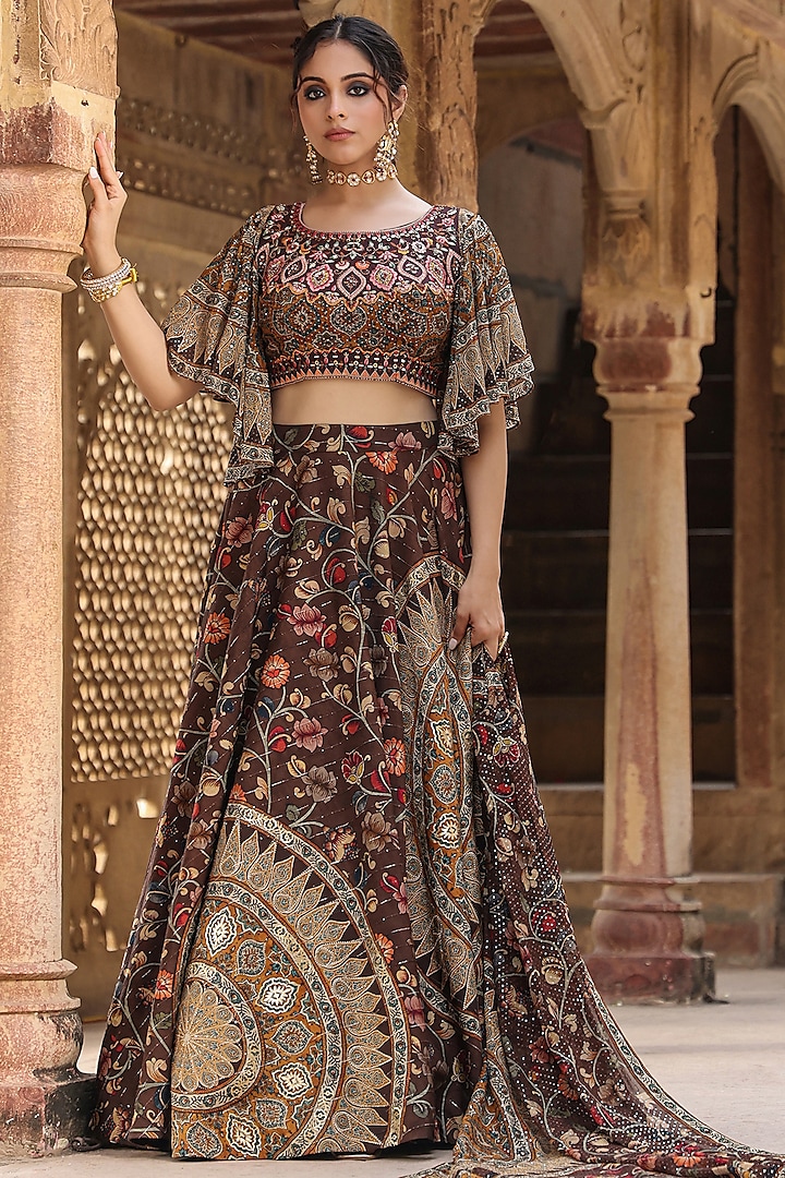 Brown Russian Weaving Silk Floral Printed & Hand Embellished Kalidar Wedding Lehenga Set by Scakhi at Pernia's Pop Up Shop